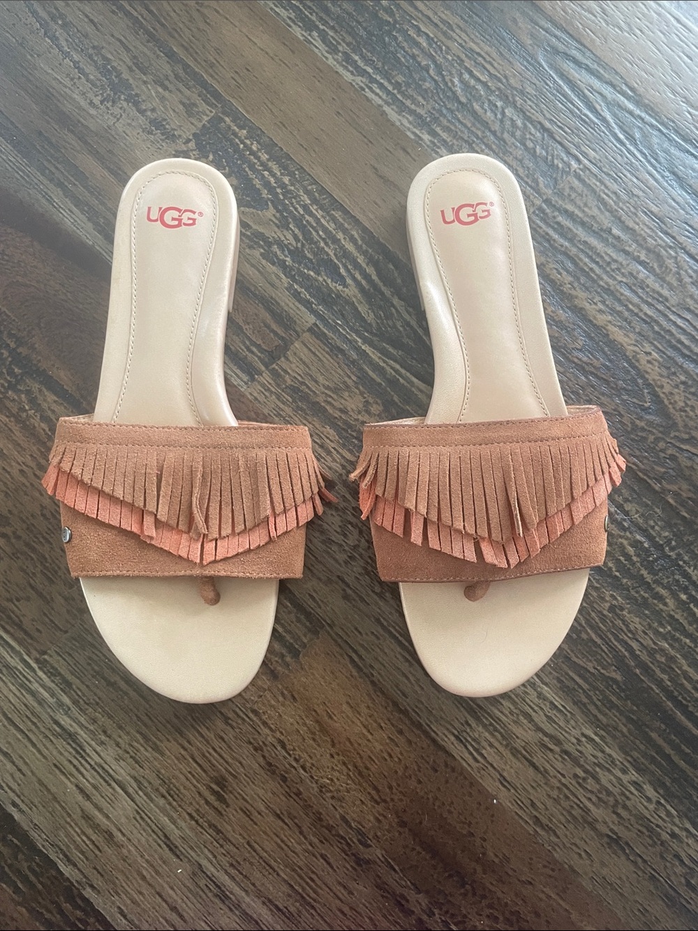 UGG Women's Suede Fringe Slide Sandals in Tan and Peach